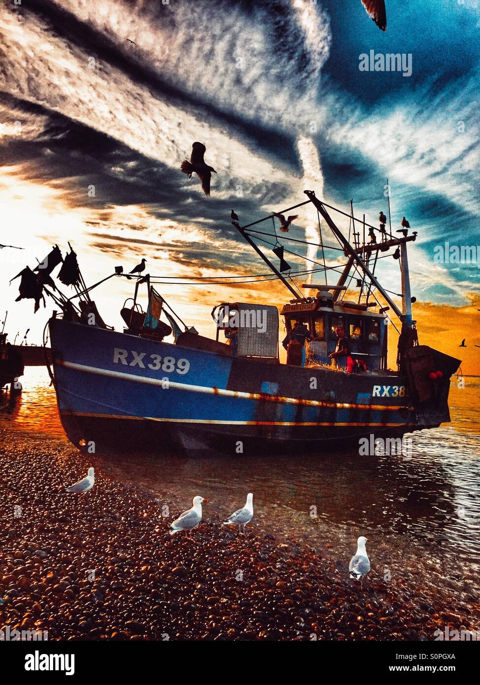 Seagulls and fishing boat on the shore, Hastings fishermen's beach, Sussex, UK - Smartphone Captured Stock Image
