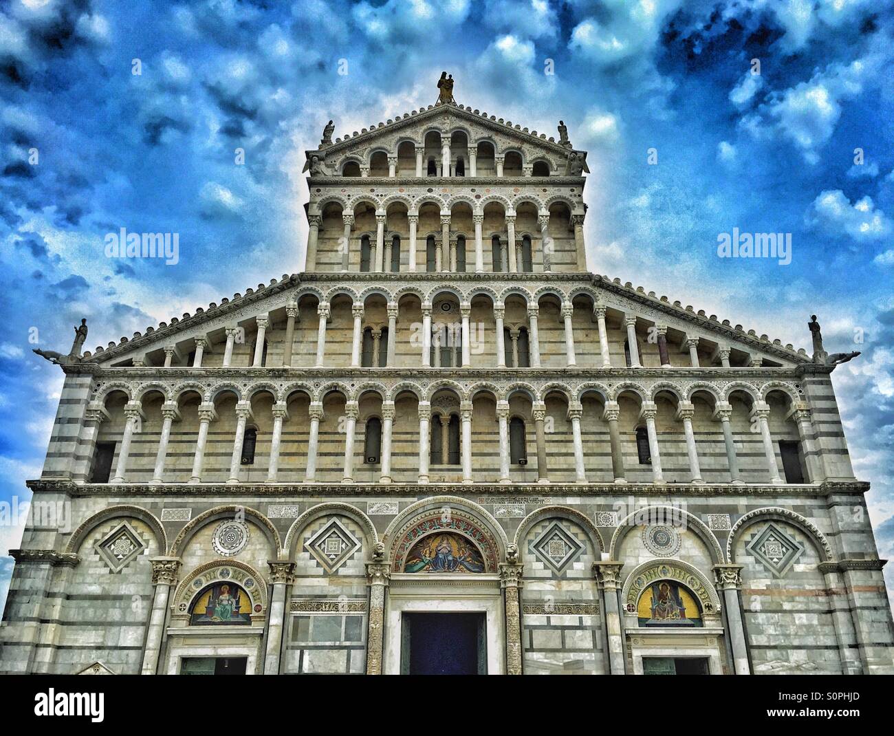 The West Facing Facade of the Duomo (Cathedral) in Pisa, Tuscany, Italy. Santa Maria Assunta is between the Baptistery & The Leaning Tower of Pisa, in The Field of Miracles. Photo © COLIN HOSKINS. - Smartphone Captured Stock Image
