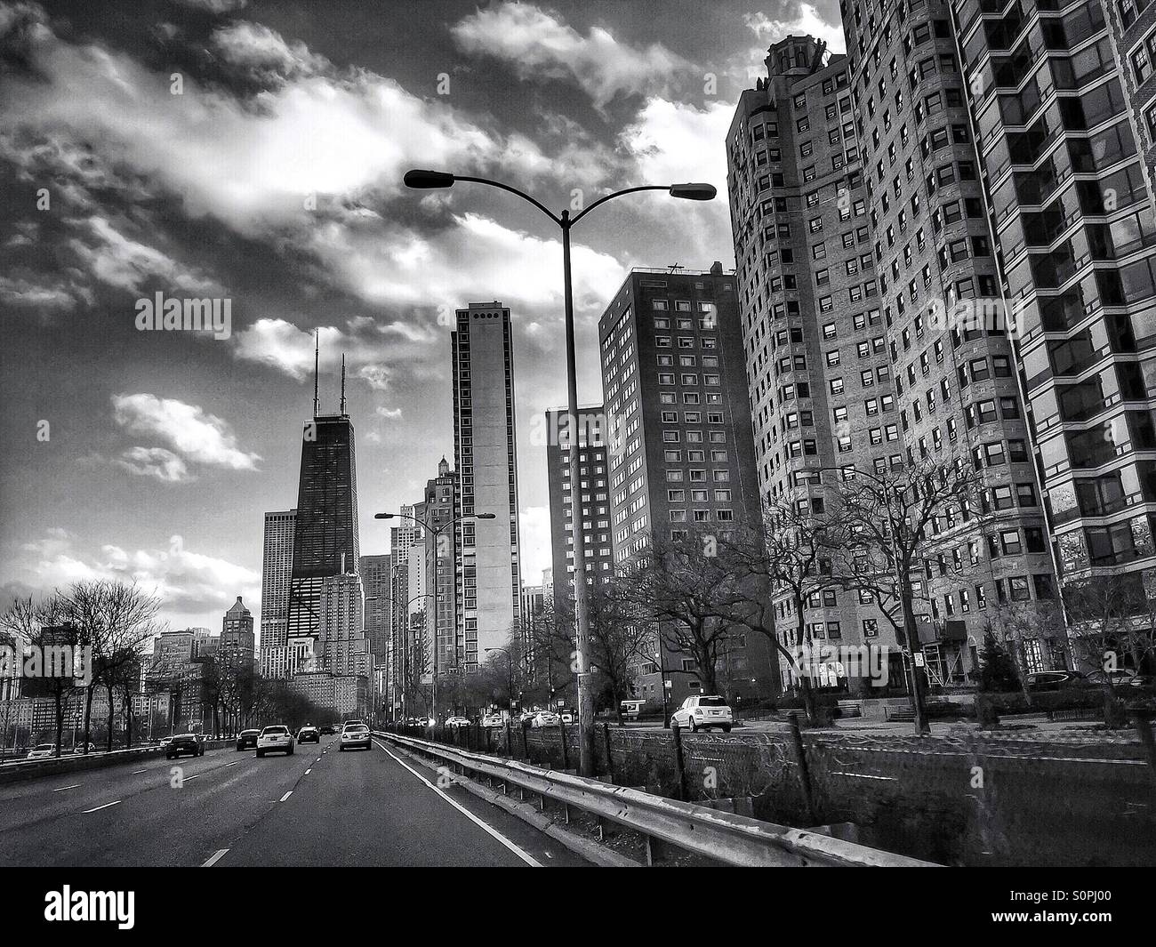 Black and white of the Chicago Gold Coast view from Lake Shore Drive, Illinois, USA - Smartphone Captured Stock Image