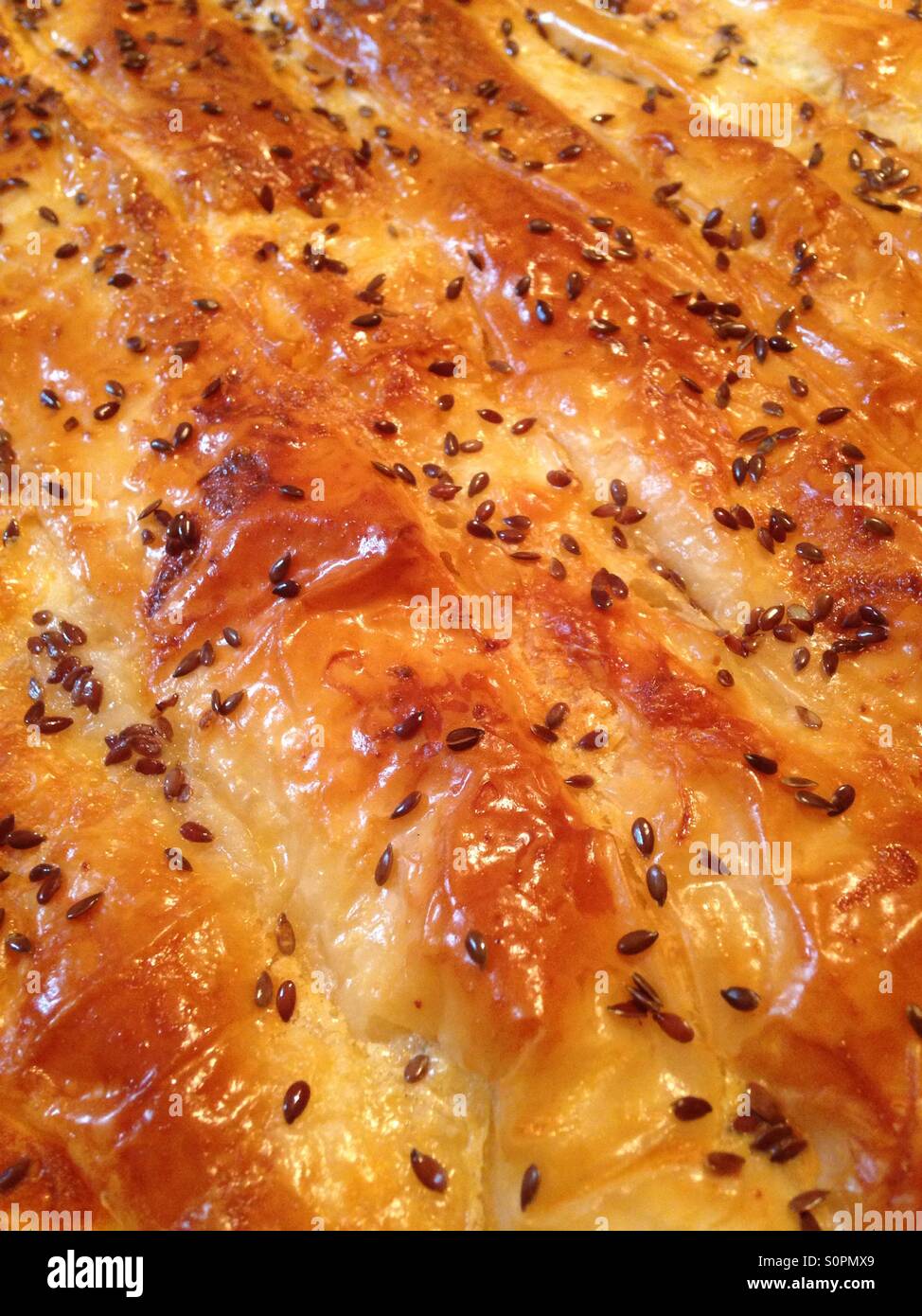 Cheese pie with flax seeds Stock Photo