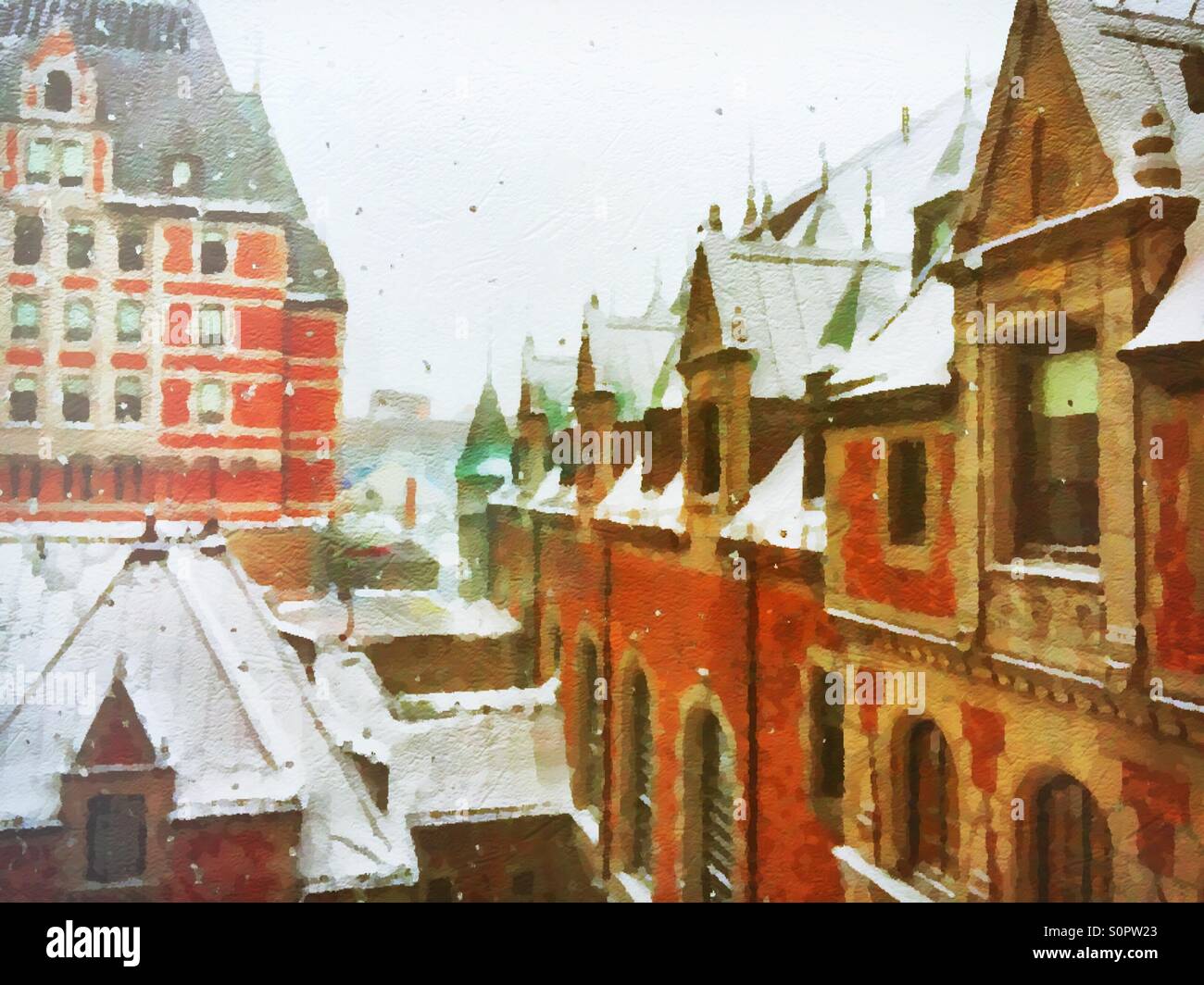 Painterly view of old world buildings with snowy roof tops in winter - Smartphone Captured Stock Image