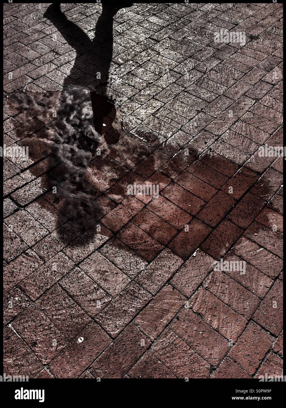 Shadow of person walking past puddle. - Smartphone Captured Stock Image