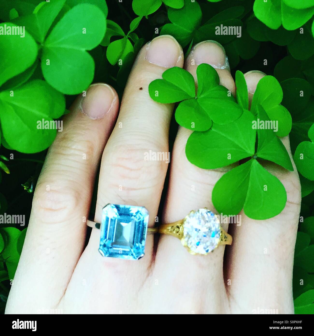 Aquamarine ring and diamond ring Stock Photo