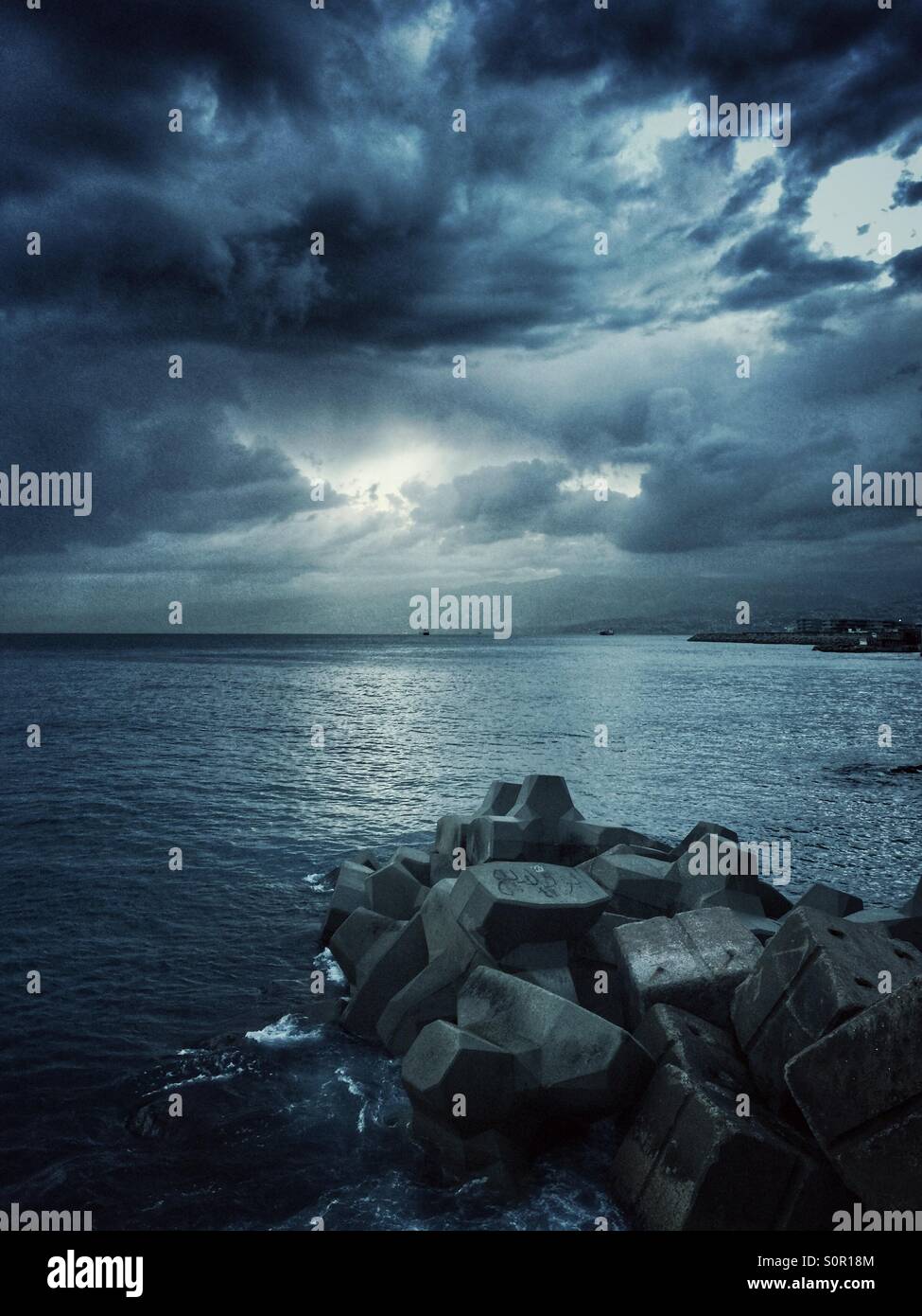 Wave breakers at the Mediterranean seashore on a winter morning Beirut Lebanon - Smartphone Captured Stock Image