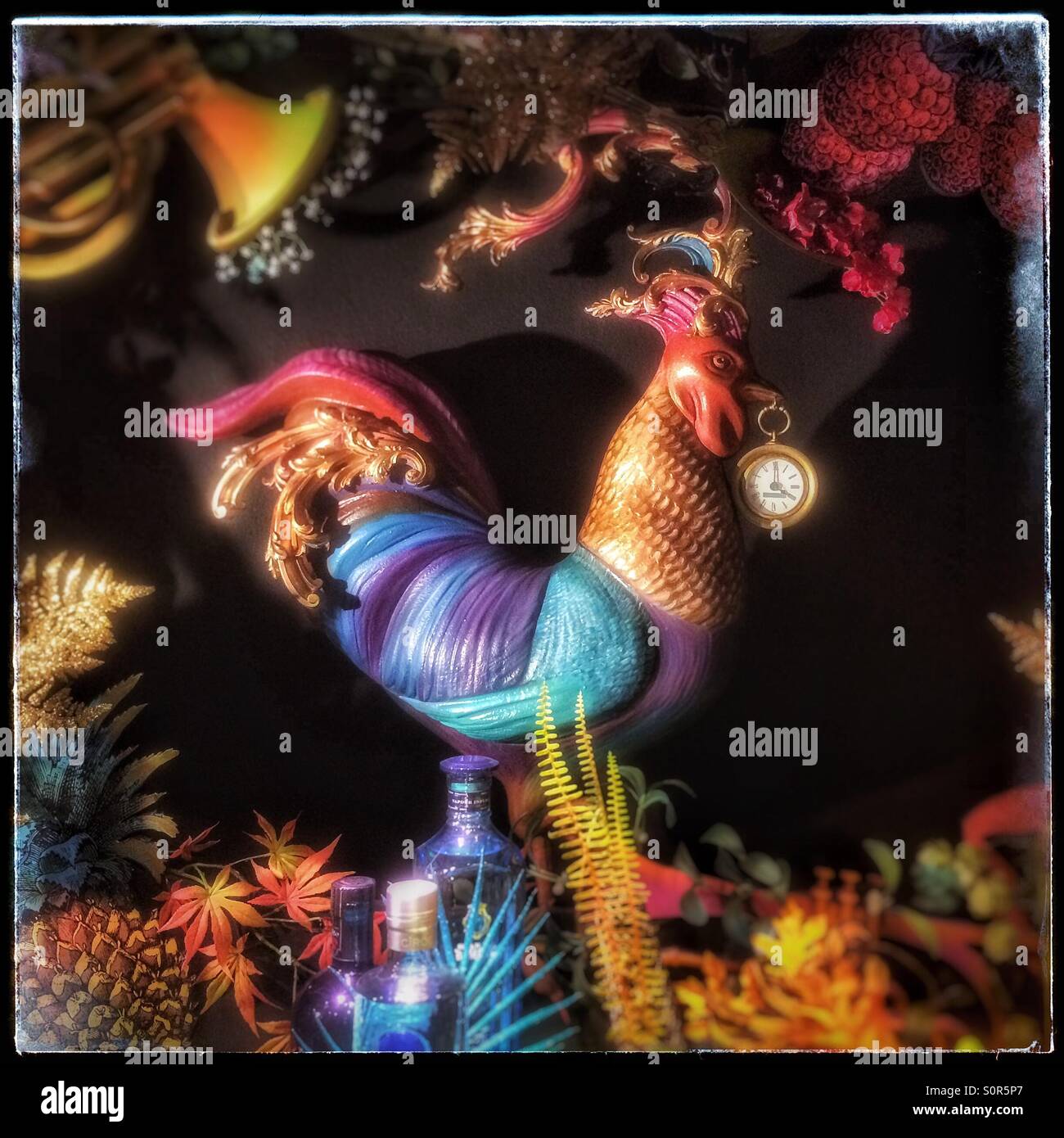 Cockerel in Fortnum and Mason shop display window at Christmas - Smartphone Captured Stock Image