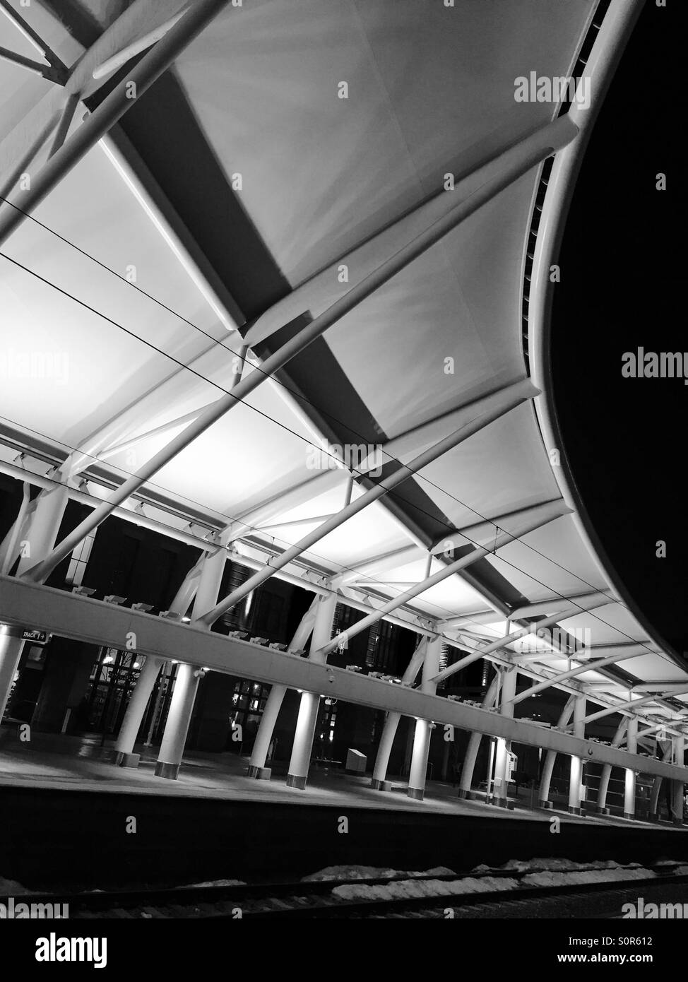 Architectural details of the 'tent roof' covering passenger platforms trackside at the new Denver Amtrak station in Denver, Colorado, USA. Stock Photo