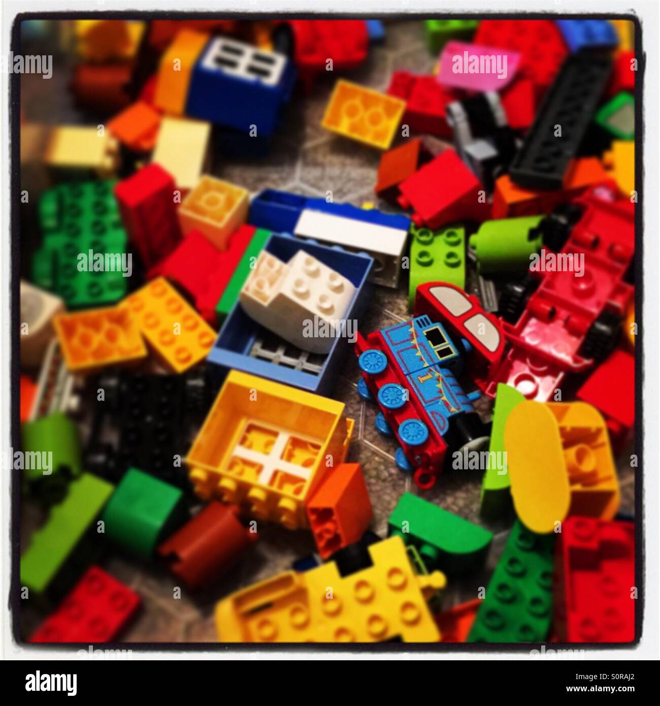 Thomas the tank engine among duplo bricks Stock Photo Alamy