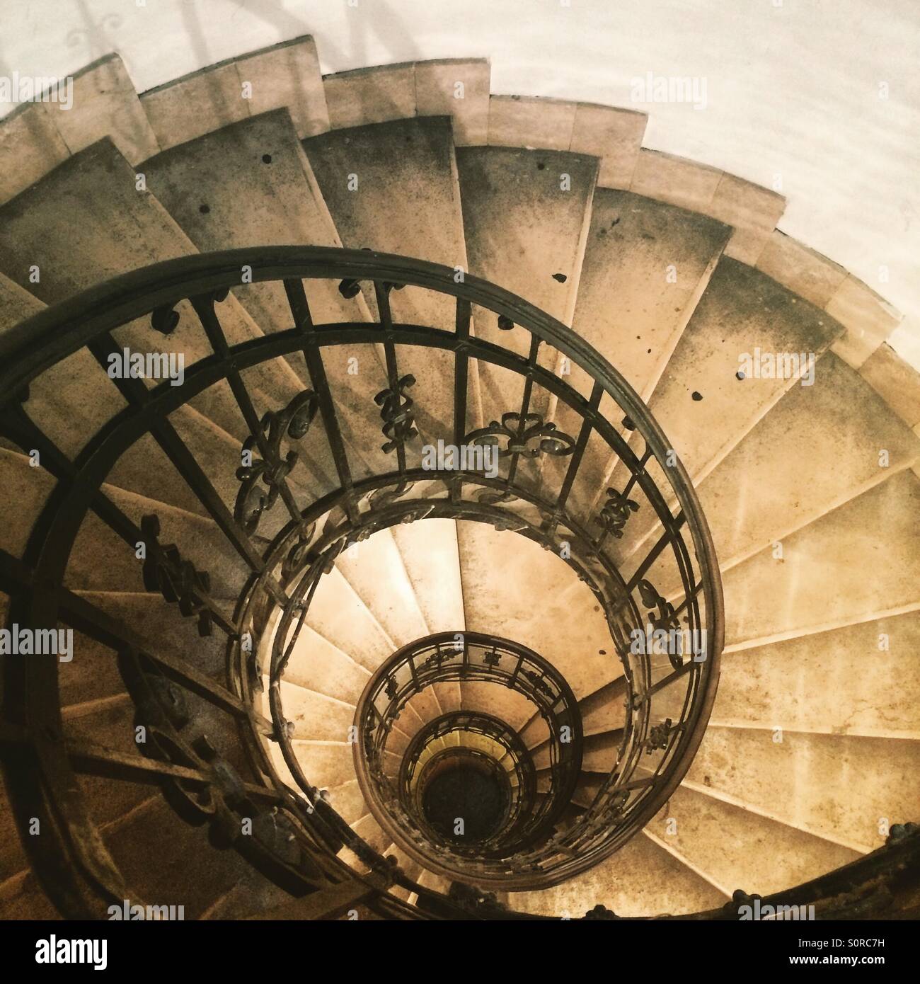 The spiraling stairs leading up to the tower in Saint Stephen basilica in Budapest. Stock Photo
