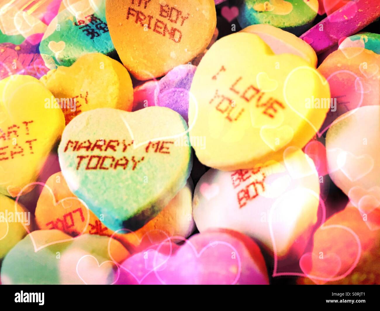 Valentine's Day Candy Conversation Hearts with digital art Effects. Stock Photo