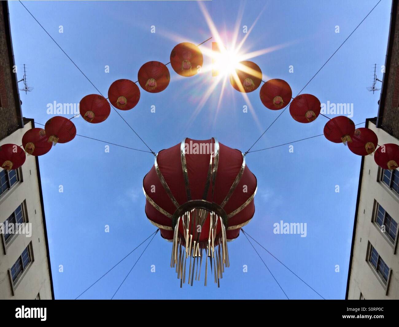 Light sparkles on Chinese lanterns installed for New Year celebrations, London,U.K. Stock Photo
