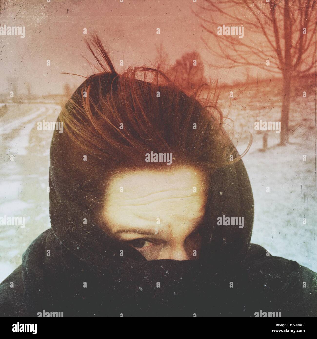 A woman wrapped in a scarf fighting the cold weather. - Smartphone Captured Stock Image A woman wrapped in a scarf fighting the cold weather. - Smartphone Captured Stock Image