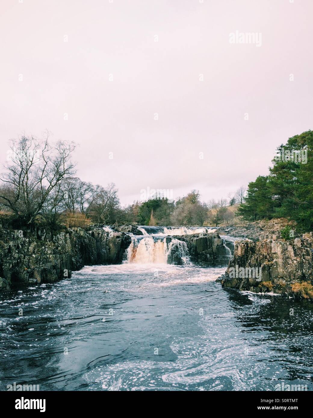 The River Tees at the Low Force waterfall in Teesdale, England, during winter. Stock Photo