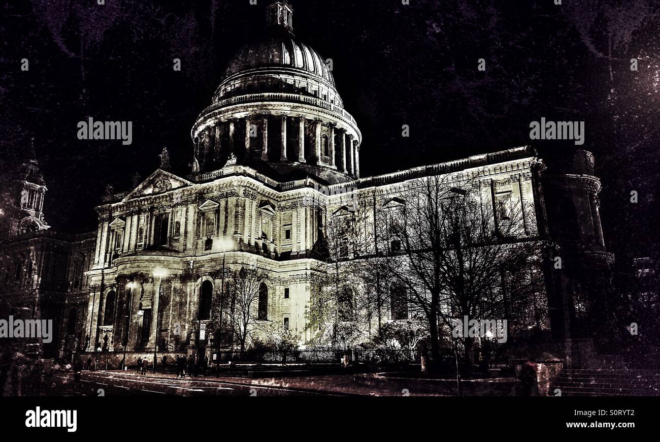 St Paul's Cathedral with its iconic dome in the City of London, UK, one of England's leading tourist attractions, at night finished in a dark, gothic style Stock Photo