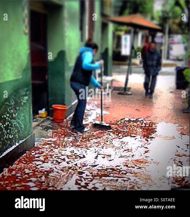 A woman trows toxic products in the street in Colonia Condesa, Mexico City, Mexico - Smartphone Captured Stock Image