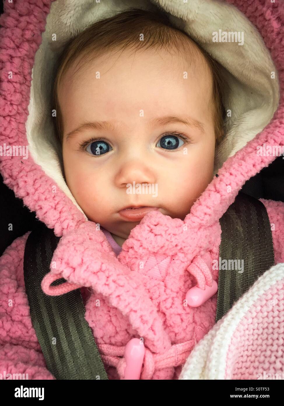 12 Week Old Cute Baby Girl In Gorgeous Pink Winter Coat And