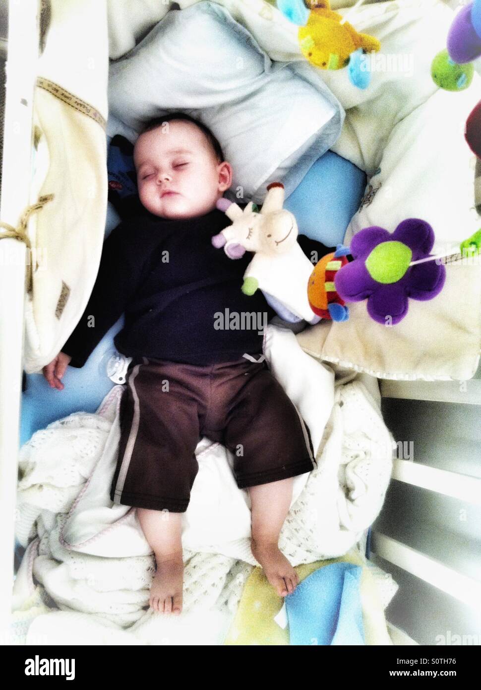 Baby boy sleeping in cot Stock Photo Alamy