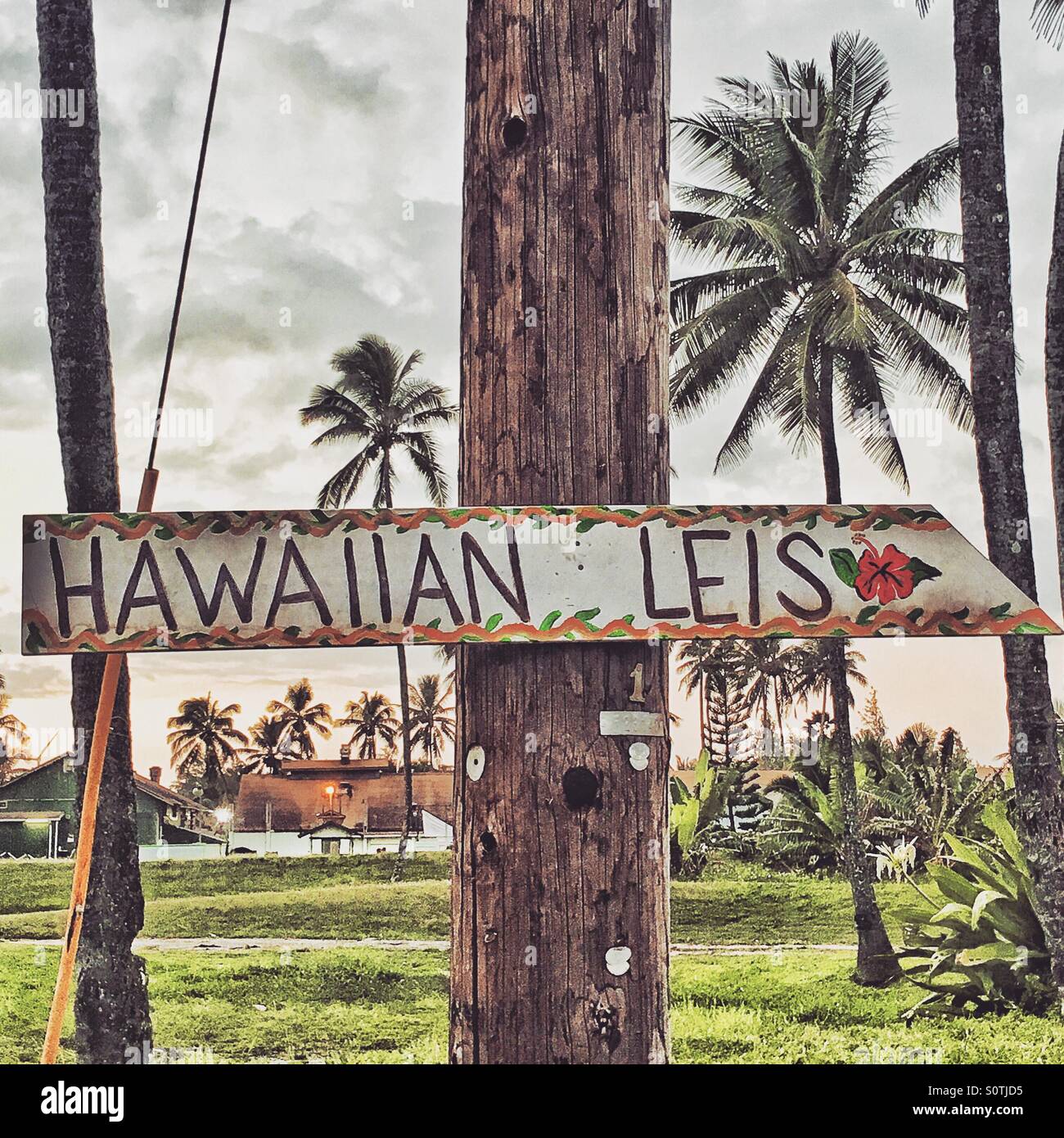 A sign for Hawaiian leis Stock Photo