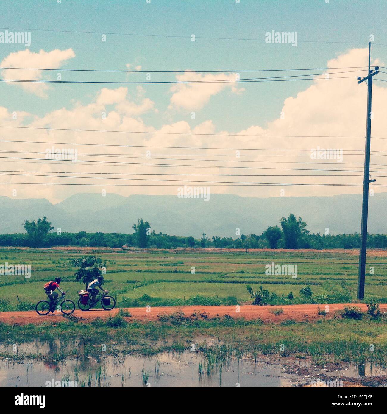 Two biker along rice field Stock Photo