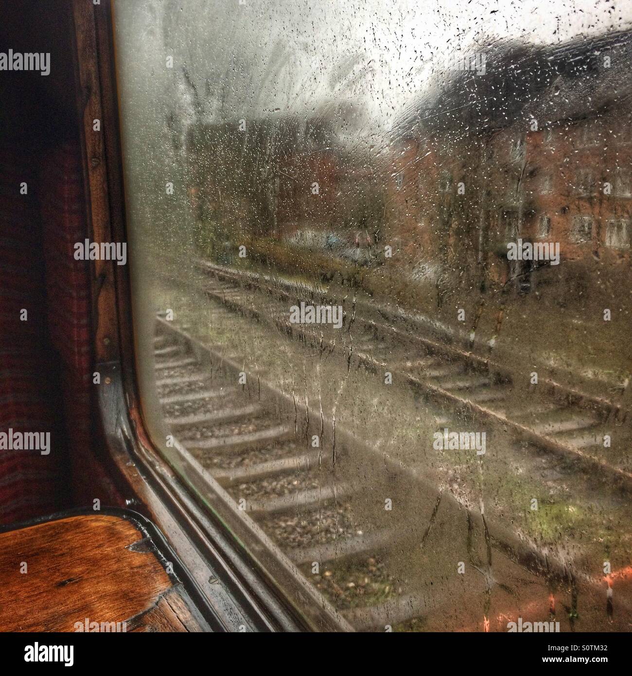 View through a wet train window Stock Photo