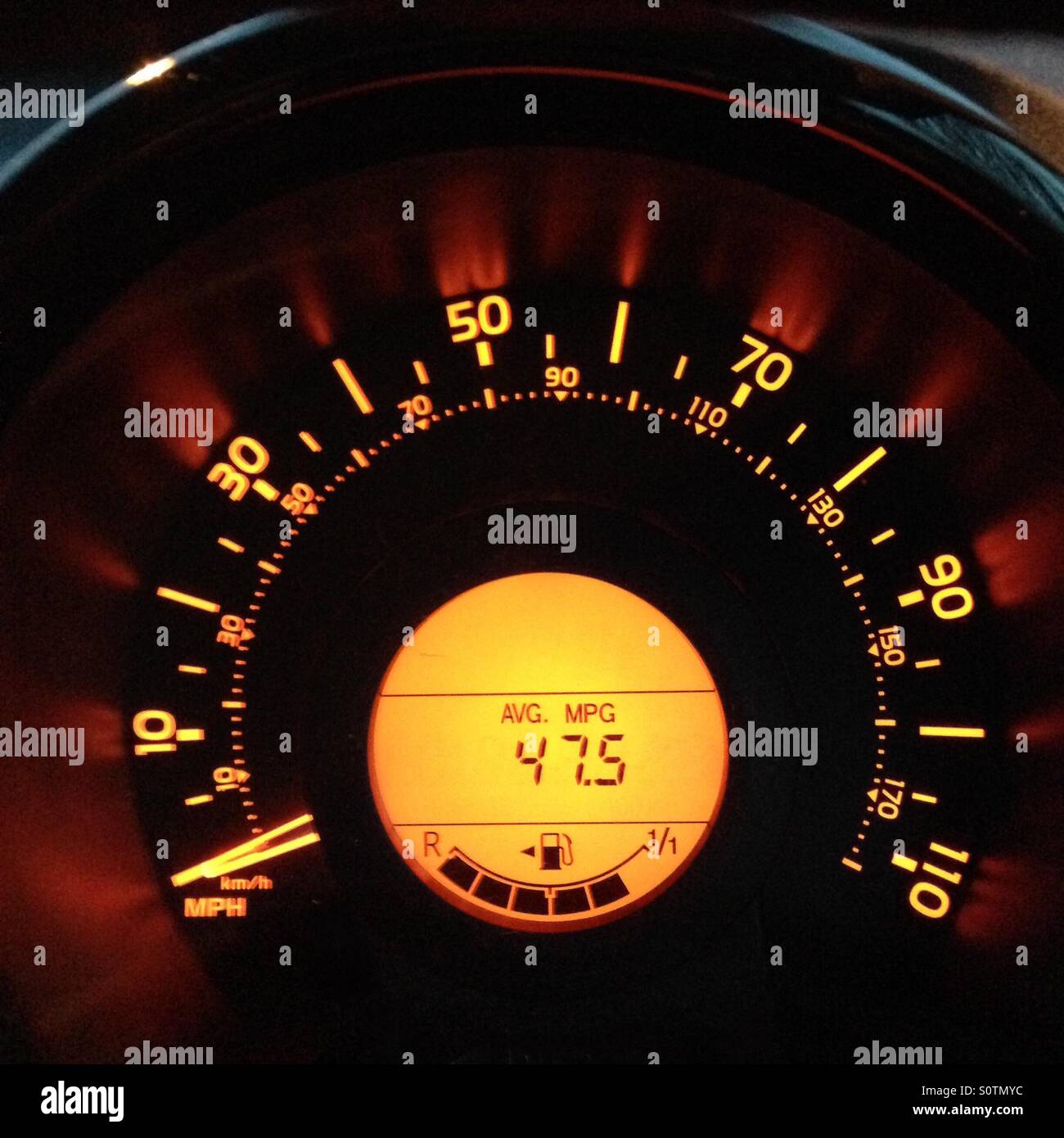 Speedometer in car which shows miles per gallon Stock Photo