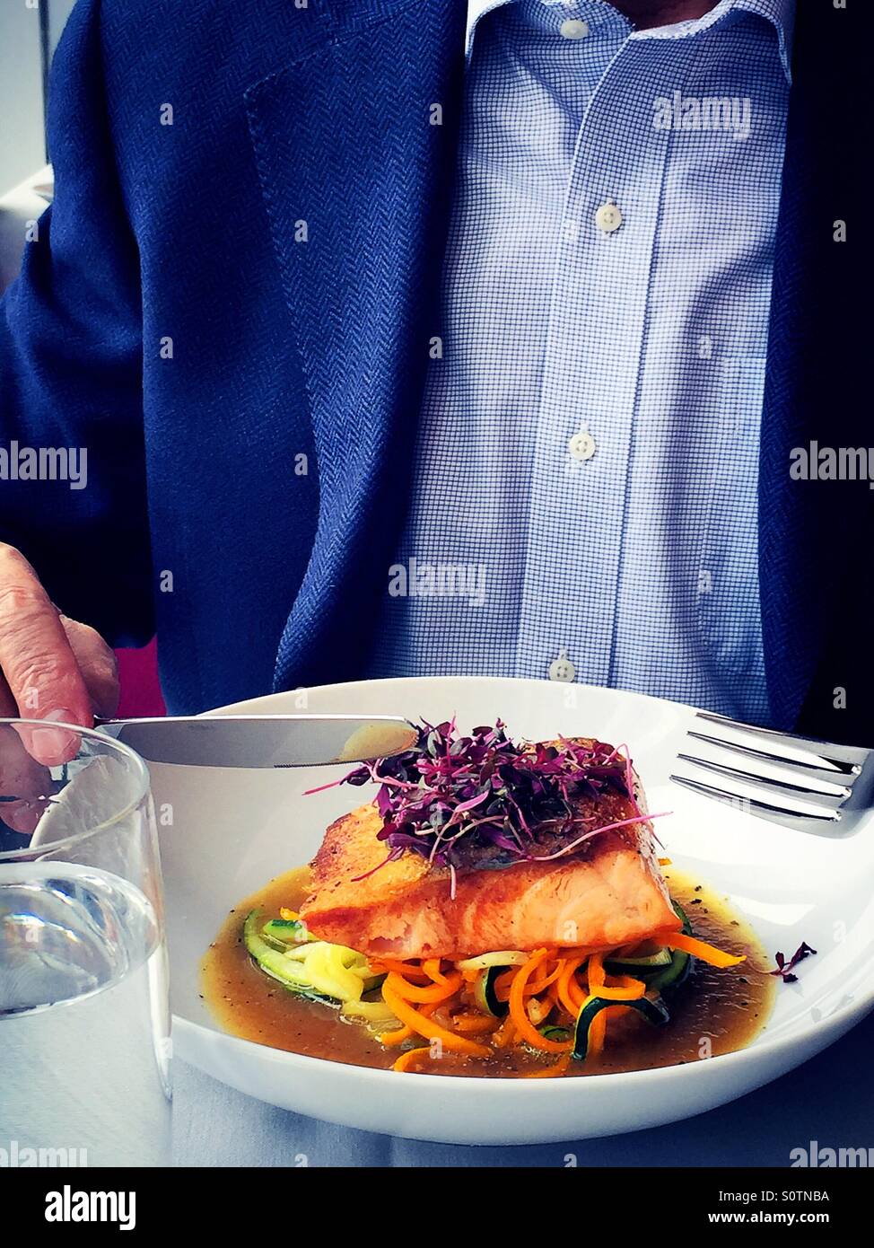 A male diner enjoys a gourmet entrée of salmon on a bed of vegetables at an upscale white tablecloth restaurant in NYC - Smartphone Captured Stock Image