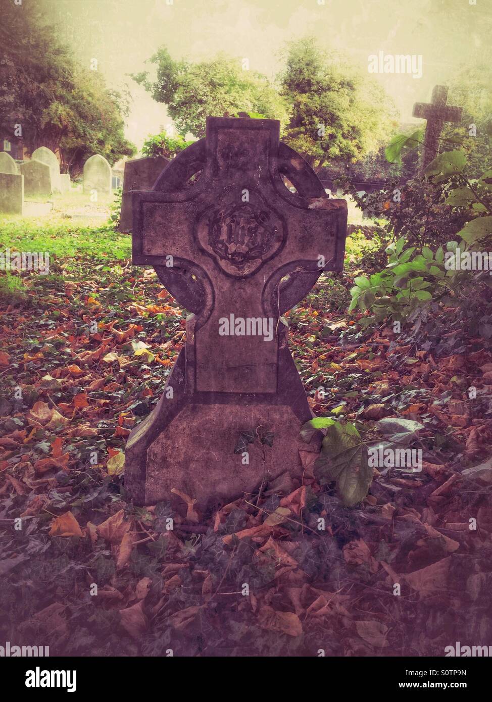 Old gravestone with monogram IHS - Iesous hominum salvator. - Smartphone Captured Stock Image