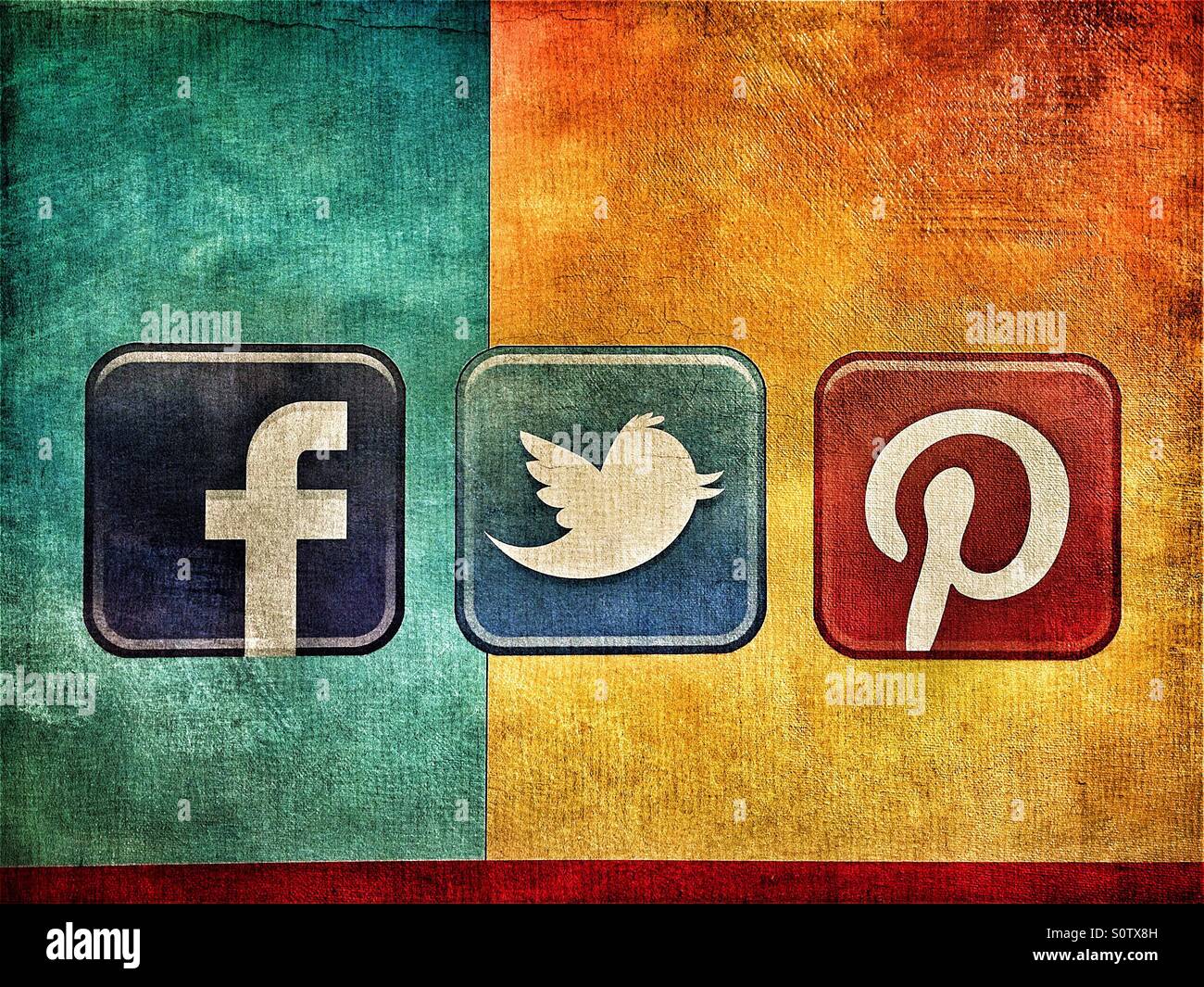 Social media logos (Facebook, Twitter, Pinterest) on a grungy colorful background Stock Photo