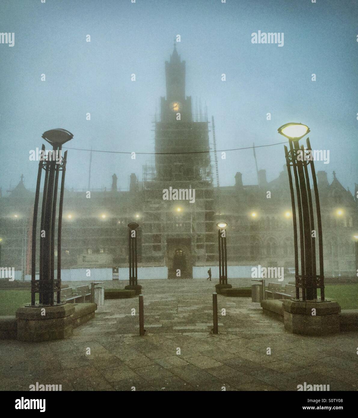 Bradford Town Hall in the fog. Stock Photo