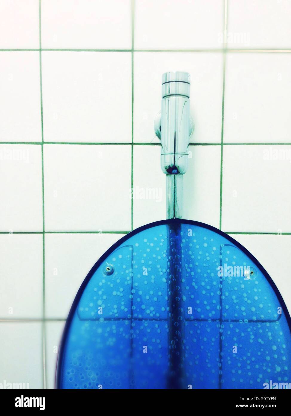 Toilet lid, tiles and lavatory flush button - Smartphone Captured Stock Image