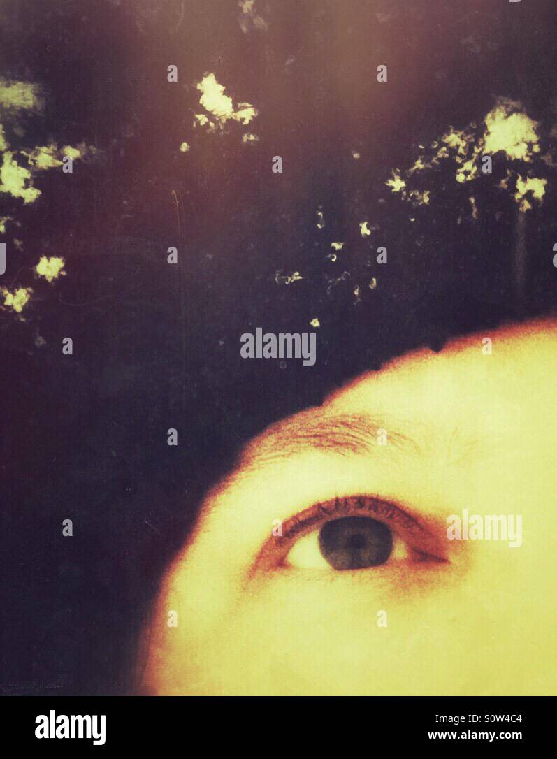 Selfie: one eye looking up with a furry, snow covered hat on my head. - Smartphone Captured Stock Image