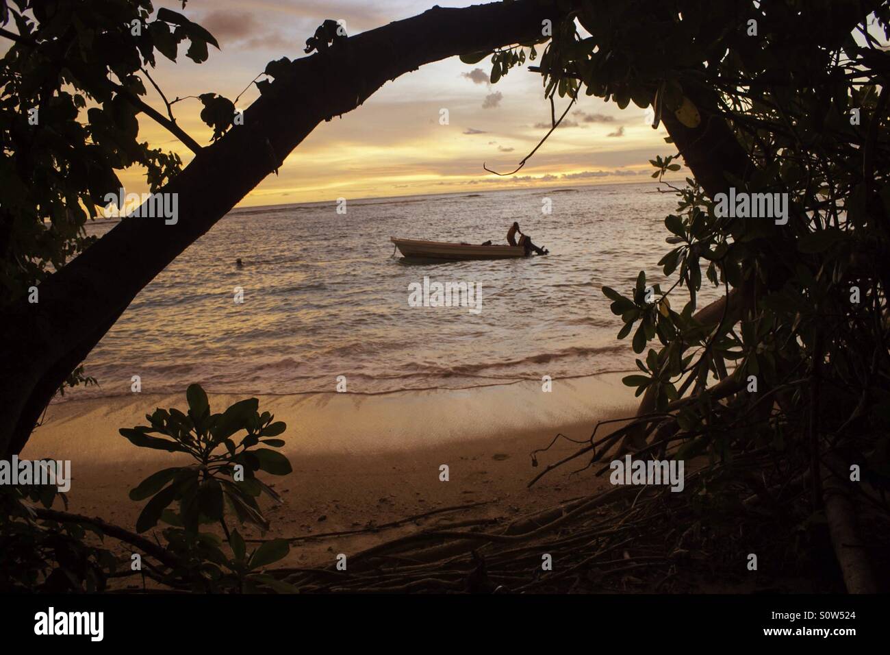 Sunset at empty island on West Sumatra sea. Stock Photo