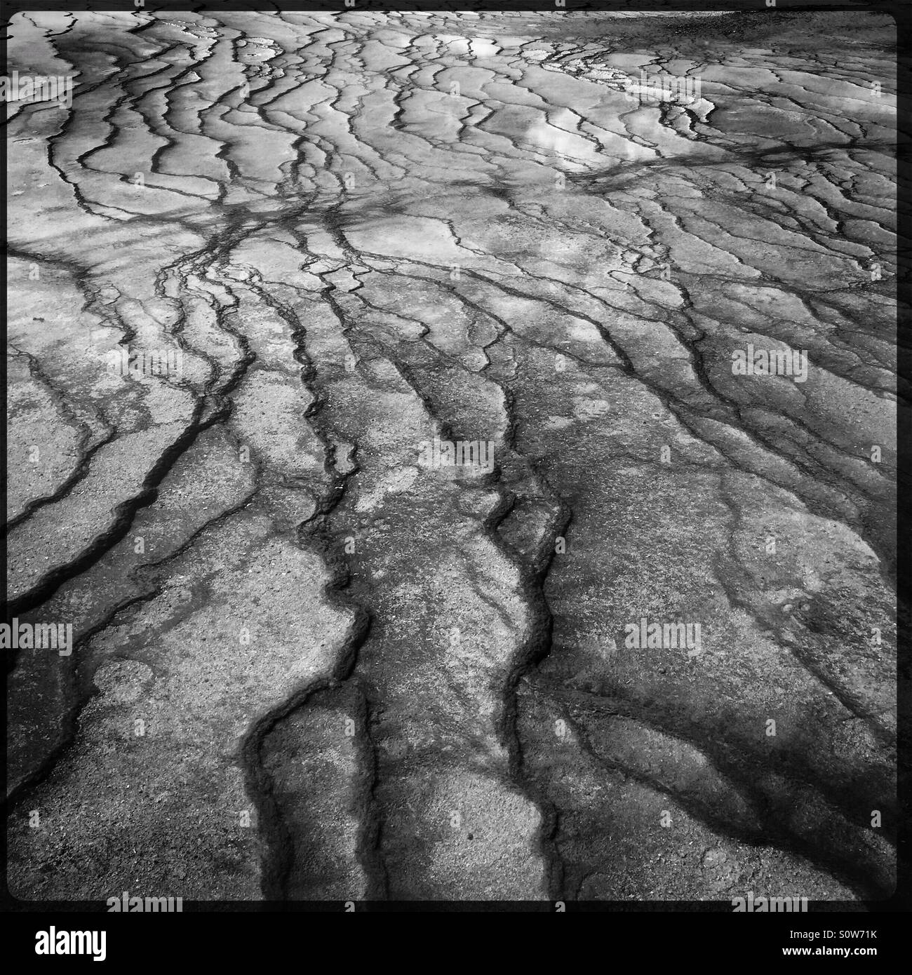 Black and white of thermal deposit abstract patterns, Grand Prismatic Spring, Yellowstone National Park, WY, USA - Smartphone Captured Stock Image