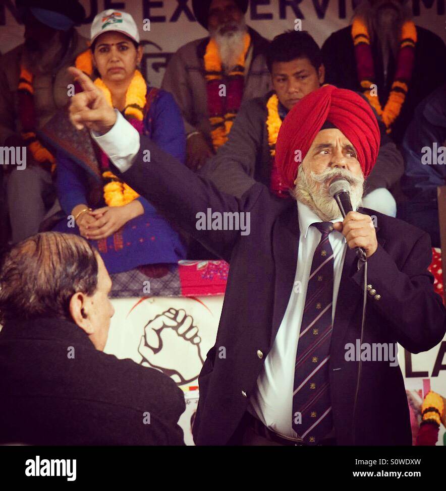A Sikh veteran addressing listeners at Jantar Mantar road, New Delhi in support of OROP for defence personnel. Stock Photo