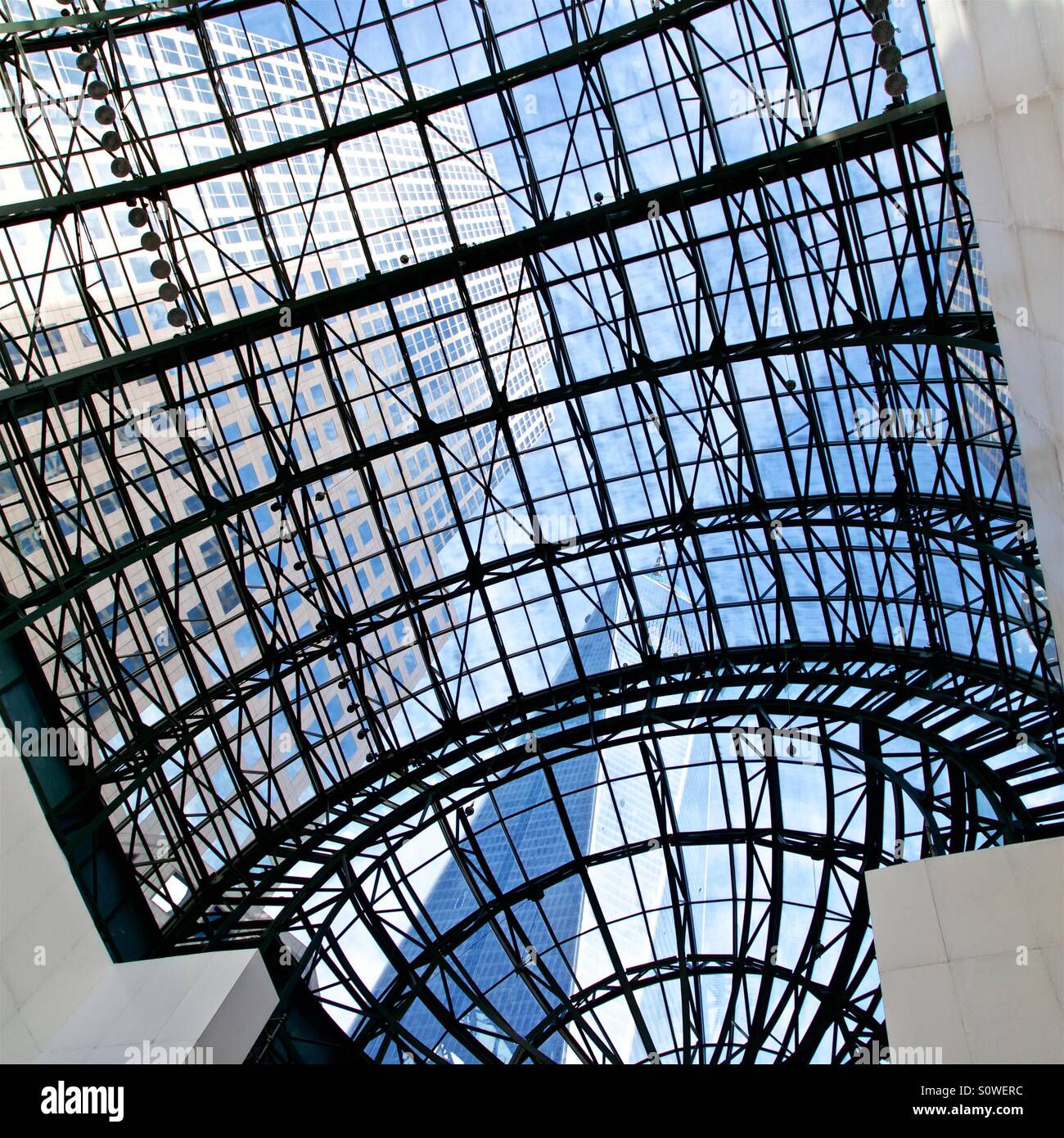 Low angle view looking up at towering Manhattan skyscrapers and modern office buildings in New York City USA. - Smartphone Captured Stock Image
