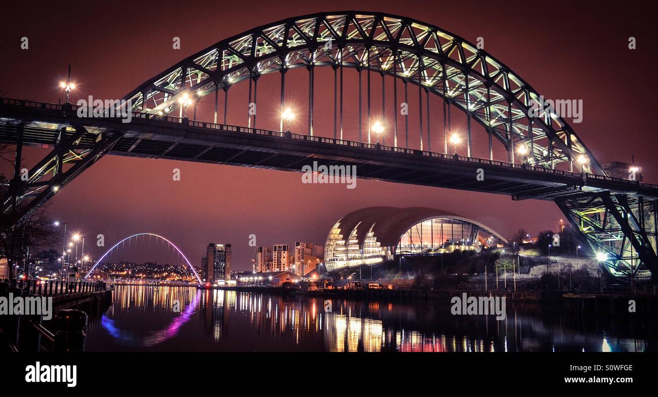 Newcastle Tyne bridge and Gateshead quayside at night - Smartphone Captured Stock Image