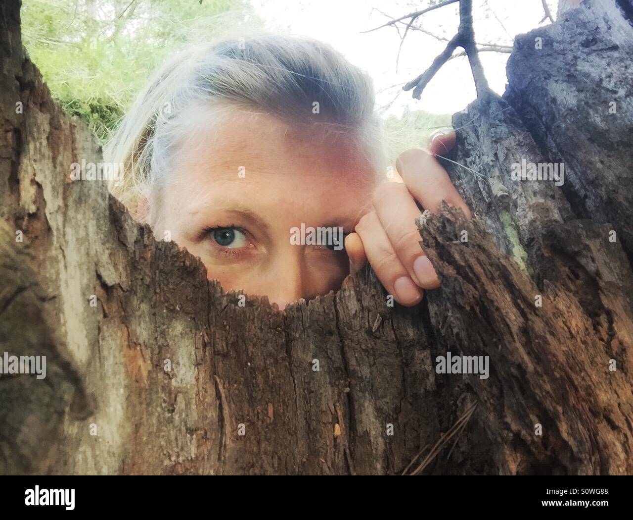 Woman looking through a tree Stock Photo
