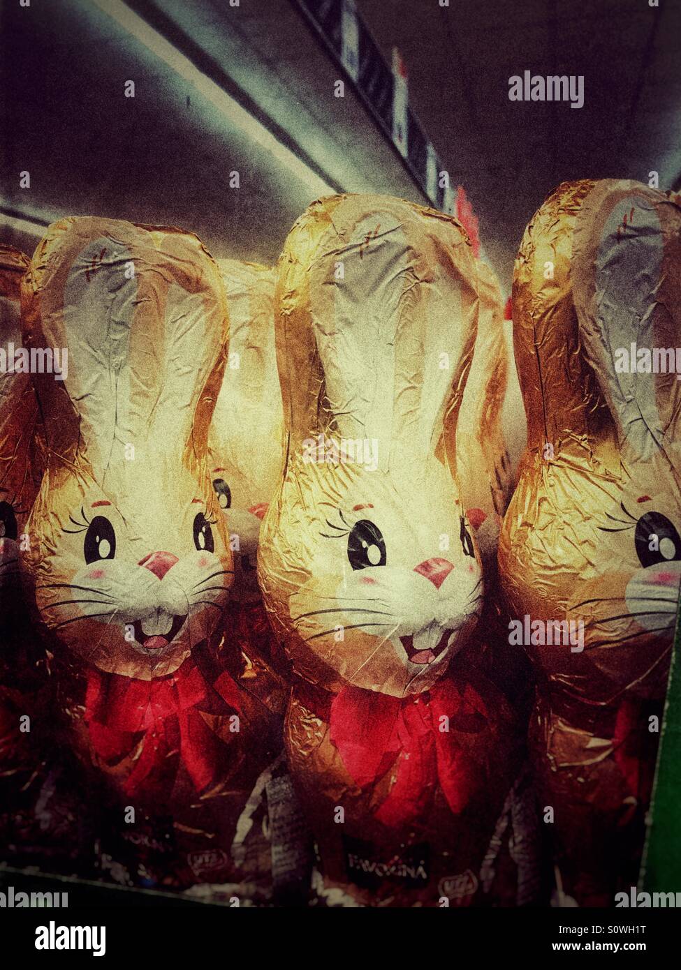 Chocolate bunnies for sale in a supermarket - Smartphone Captured Stock Image