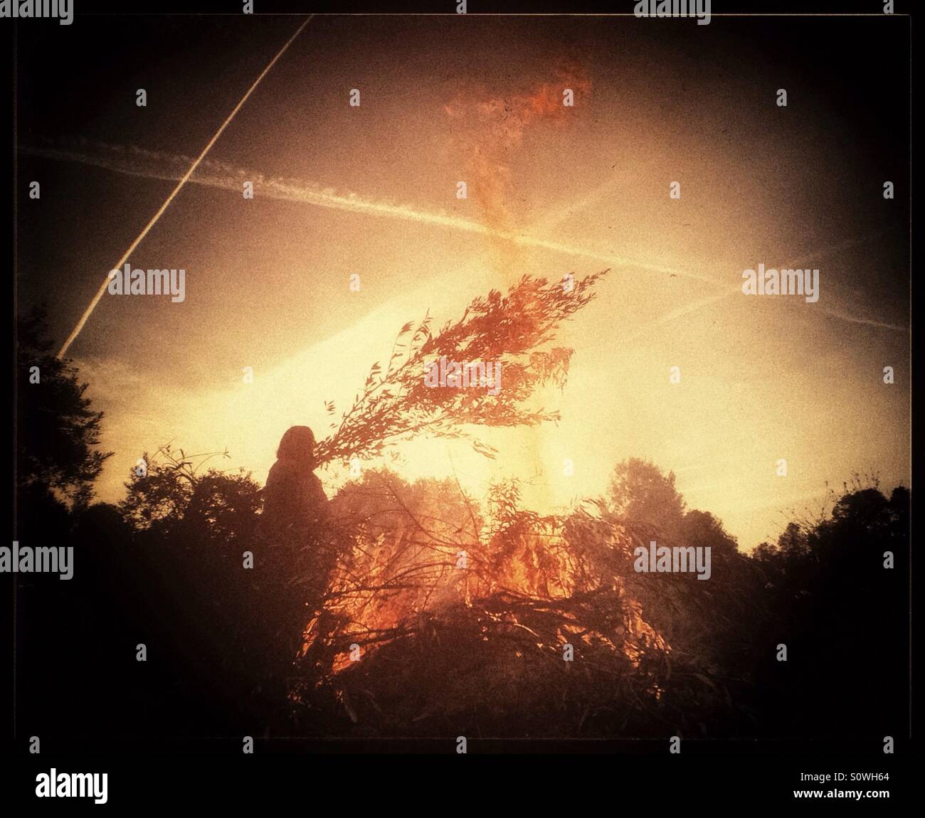 Seasonal burning of pruning's on an olive farm, Catalonia, Spain. - Smartphone Captured Stock Image