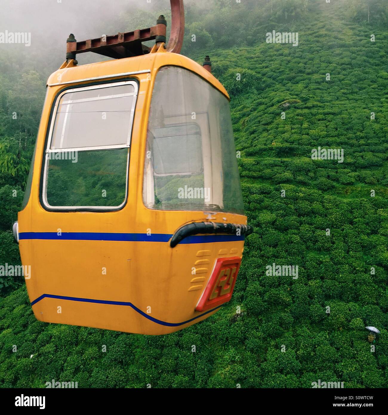 Darjeeling ropeway: A cable car passing by on the ropeway above Darjeeling tea garden. Stock Photo