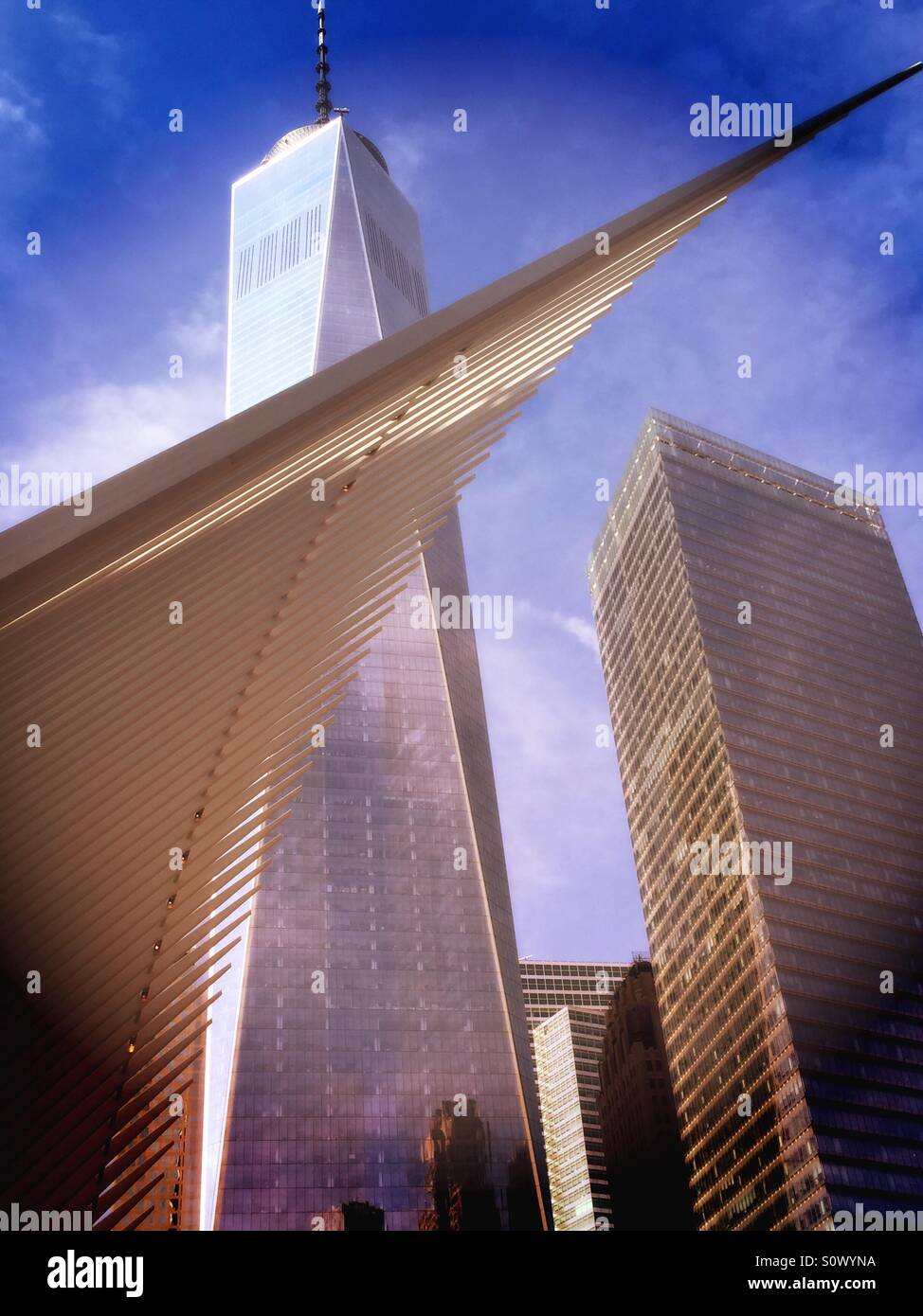 Freedom Tower and transportation hub architecture at the World Trade Center site NYC. - Smartphone Captured Stock Image