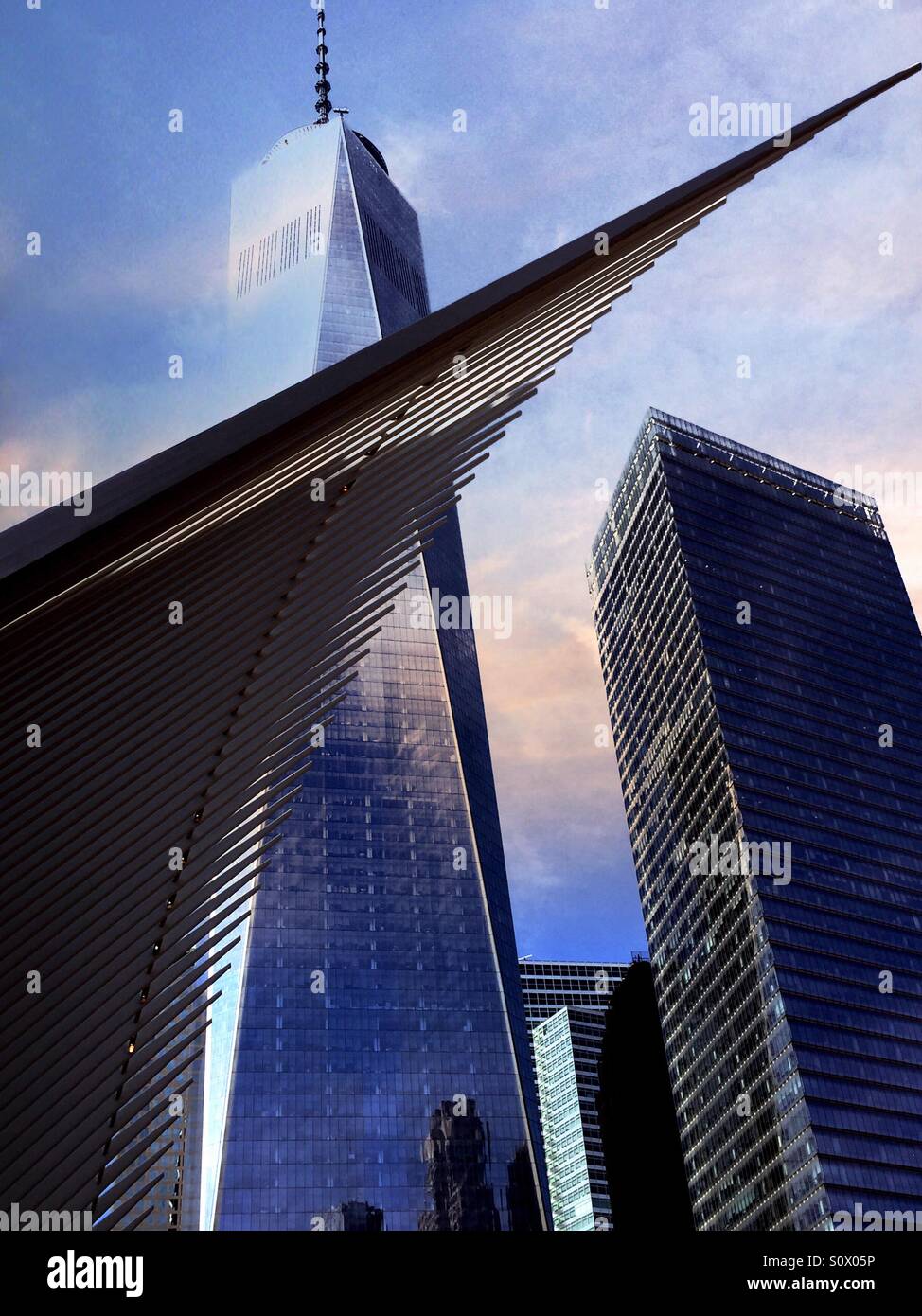 The transportation hub wing like architecture and freedom Tower at the World Trade Center site, NYC. - Smartphone Captured Stock Image