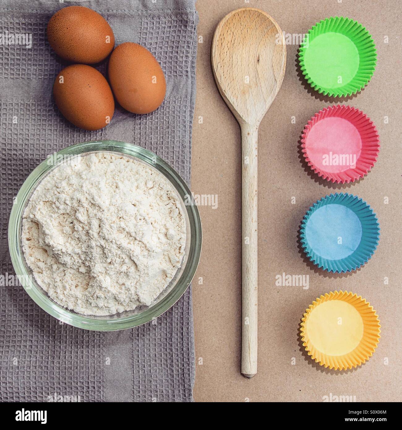 Flat lay image of the ingredients to bake cupcakes - Smartphone Captured Stock Image