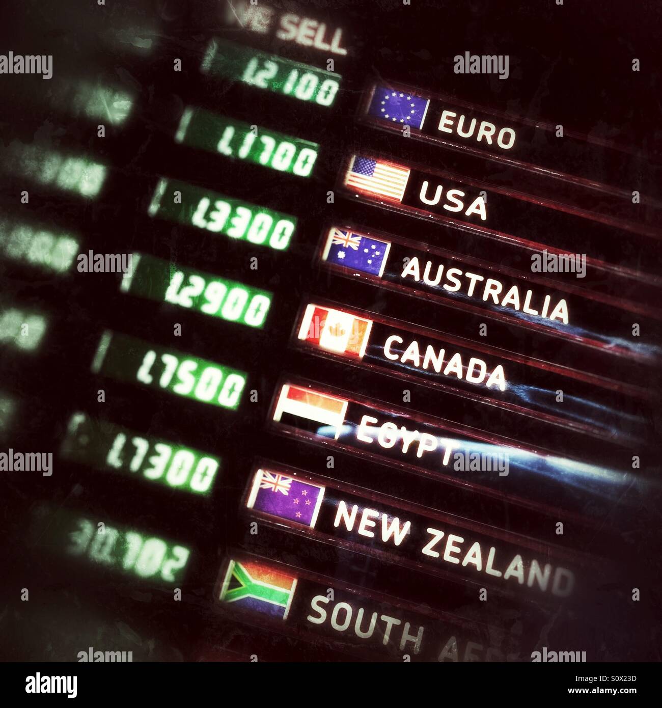 Currency exchange board with rates of exchange against the UK pound