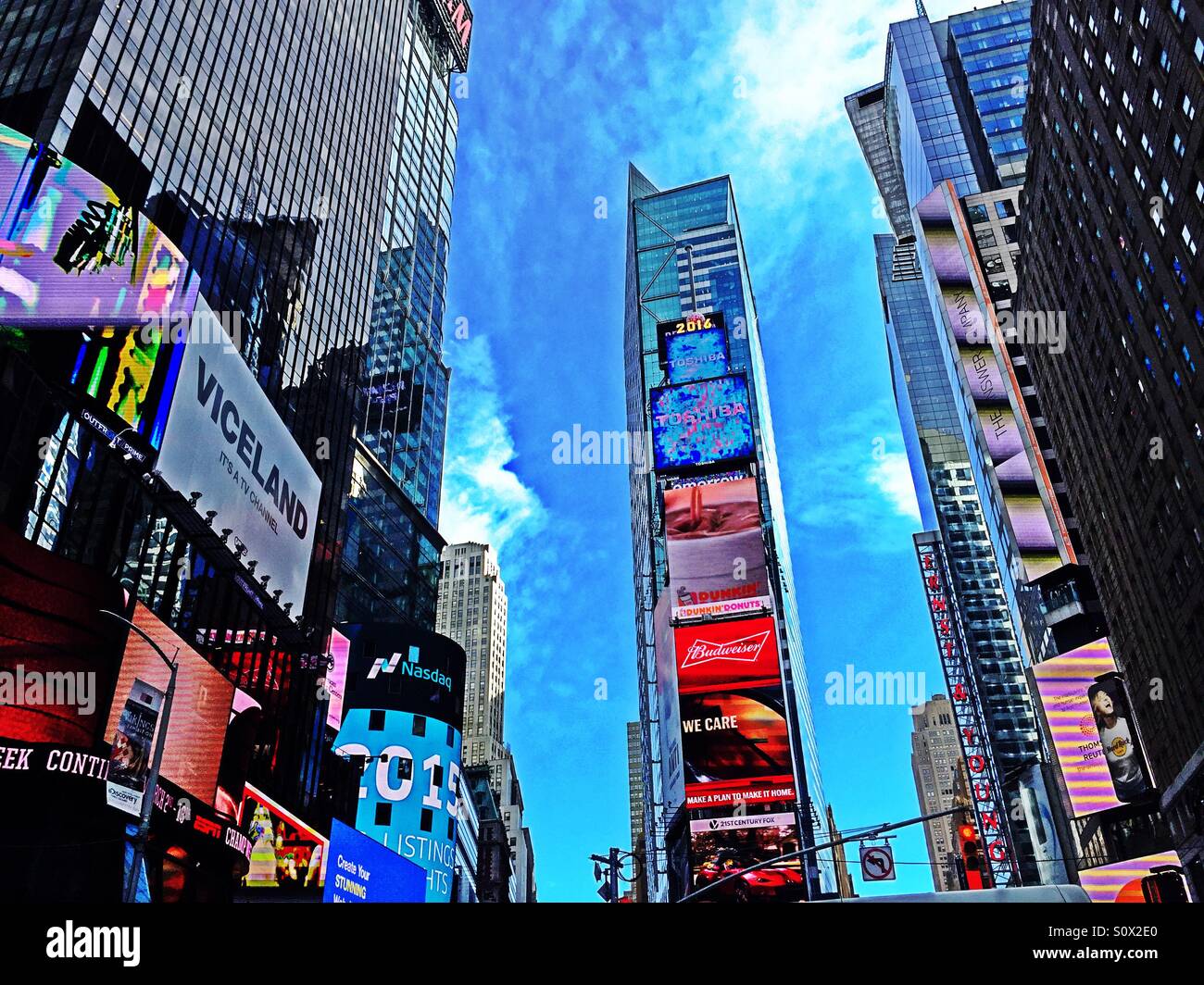 Skyscrapers in time square are covered in electronic billboards NYC