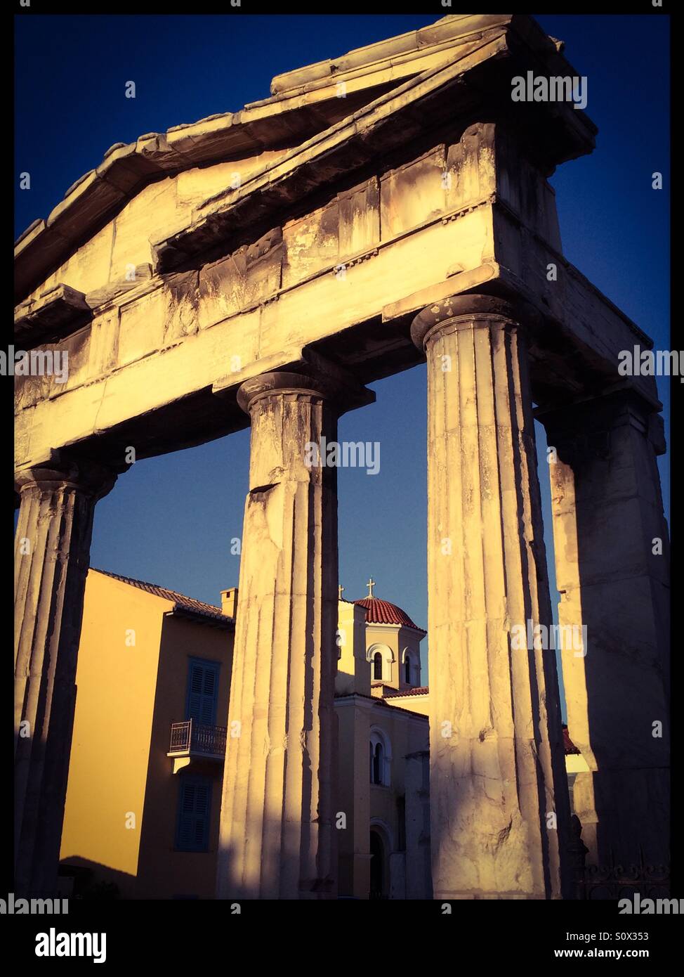 Gate of Athena Archegetis, Roman Agora. Athens, Greece. Stock Photo
