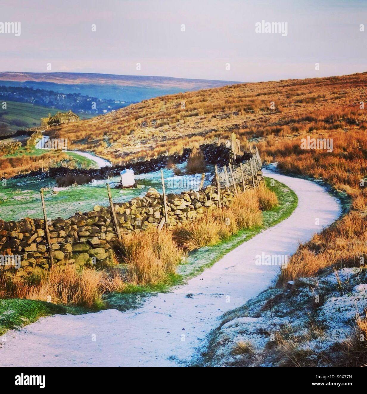 Frozen path from Bronte Falls towards Howarth. Yorkshire, England Stock ...