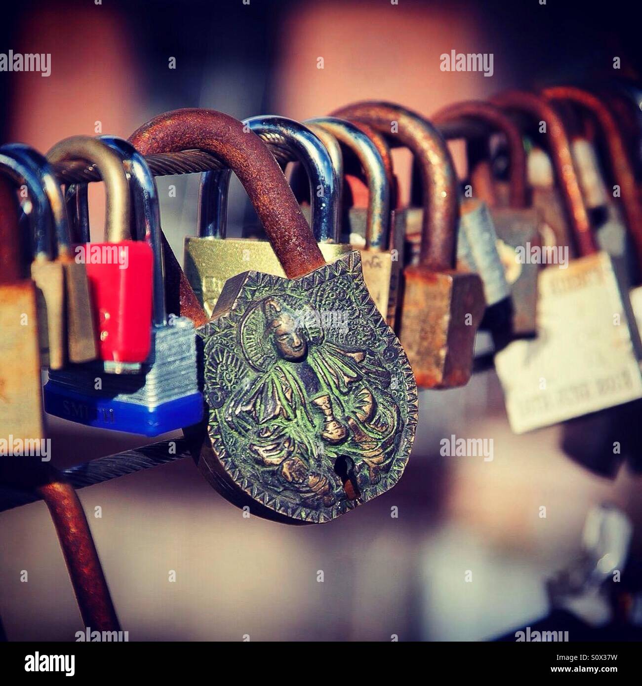 Locks on a bridge. - Smartphone Captured Stock Image