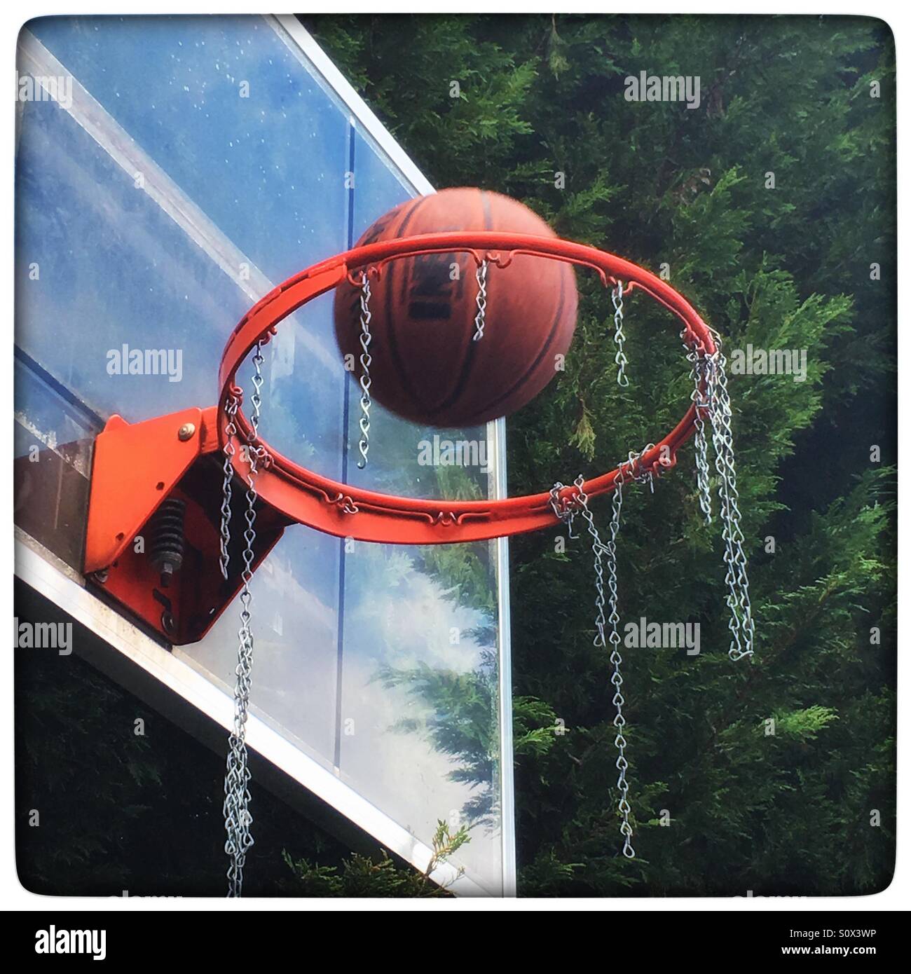 Basketball going through basketball hoop Stock Photo Alamy