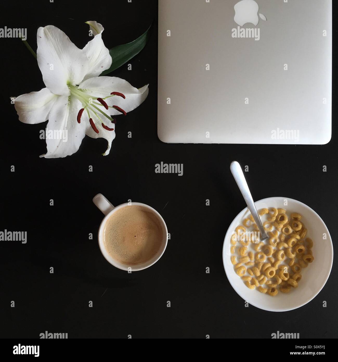 Breakfast with cereal and espresso coffee - big white lily flower and Mac book laptop Stock Photo