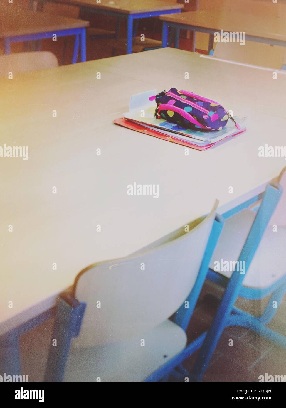 Pen case on table in primary school - Smartphone Captured Stock Image